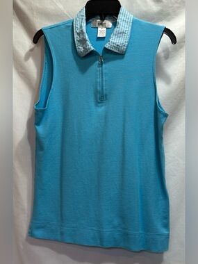 Kikit Zip-Front Sleeveless Polo in Light Aqua with Gingham Collar